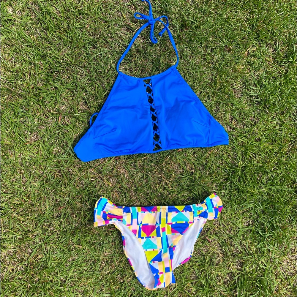 Victoria secret Pink multicolored bathing suit top size large, bottoms size M